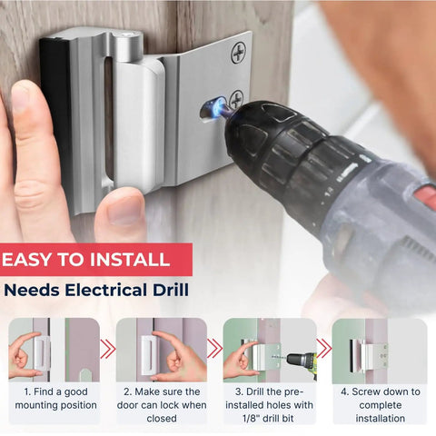 Installation guide for Heavy Duty Door Reinforcement Lock Set 3 Inch Security Lock with drill and step-by-step instructions.