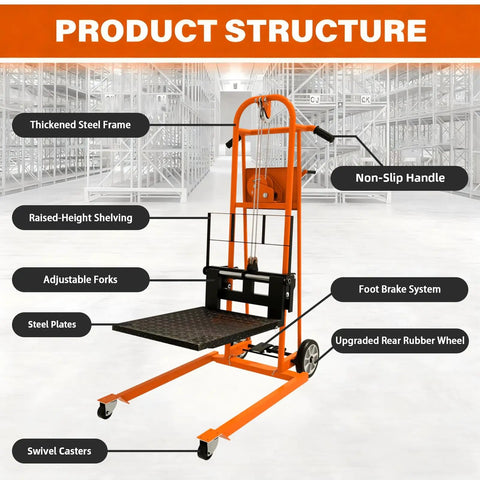 Heavy Duty Manual Winch Material Lift Stacker features thickened steel frame, adjustable forks, and swivel casters in a warehouse setting.
