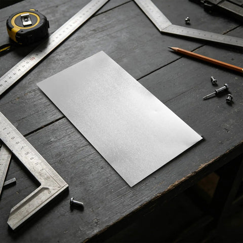 Six-Piece Bendable Aluminum Sheets For Crafting And DIY Projects, thin metal blank on workbench with tools
