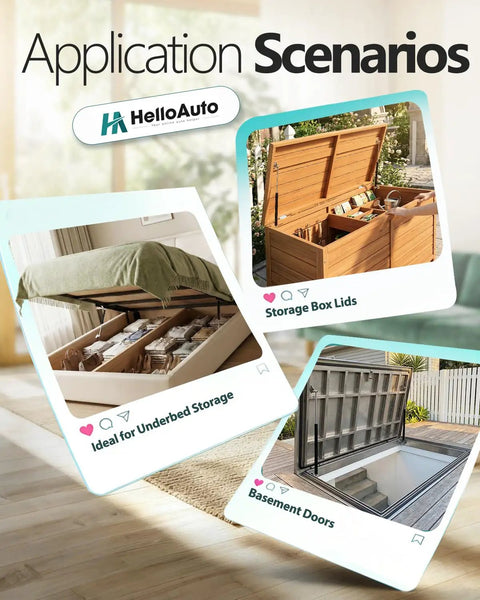Application scenarios for 23 Inch Gas Struts With Heavy Duty Mount Brackets For Rv Bed Support And Storage Hatches 100 Pound Force 2 Pack, showing underbed, storage box, and basement door lids.