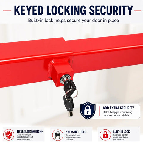 Built Tough Carbon Steel Door Security Bar, Locks Down Solid In 32 To 38 Inches, heavy duty key lock close-up for added security.
