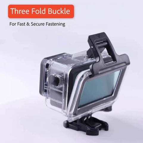 Waterproof Action Camera Housing With Transparent Touch Screen For Osmo Action 3 4 And 5 Pro with three fold buckle fastening.