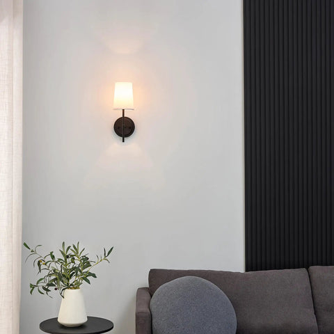 Matte Black 1-Light Wall Sconce With White Fabric Shade, Dimmable Transitional Lantern Style Wall Light for living room decor