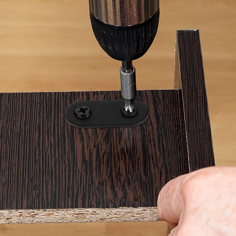 Installing 12 Sets Black Stainless Steel Straight Brackets With Screws For Beds And Shelves on wooden furniture