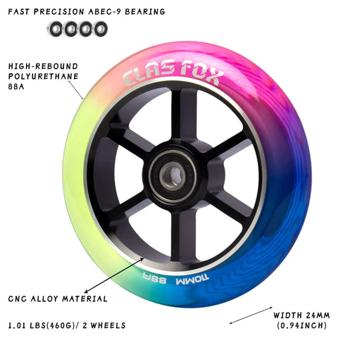 Top Shelf Pro Stunt Scooter Wheels 110Mm With Fast Rolling Abec 9 Bearings And Cnc Machined Aluminum Core Mid Rebound Polyurethane Shell Designed For Nailing Every Kick Flip Tricking Session Red Yellow Blue close-up of colorful wheel with ABEC-9 bearing and 24mm width