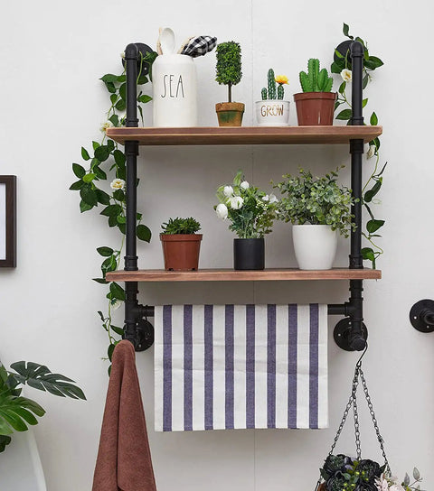 Industrial Pipe Shelves With Towel Bar For Bathroom, Rustic Floating Wall Shelves With Wood Planks, plants and decor