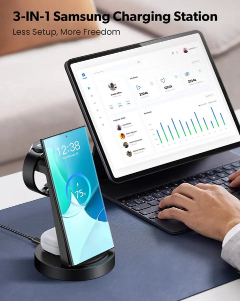 Must Have 3 In 1 Wireless Charging Station for Galaxy Watch, Buds, and Phones on desk next to tablet