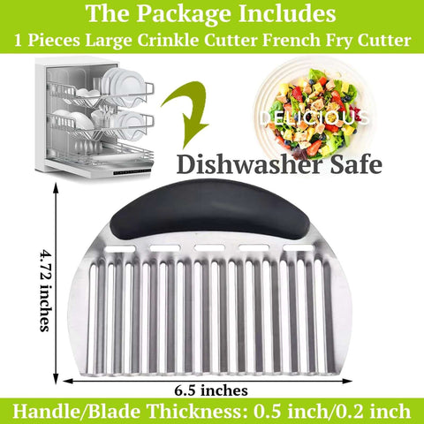 Front view of large stainless steel crinkle cutter with black handle for slicing potatoes, cucumbers, and carrots into wavy fries.