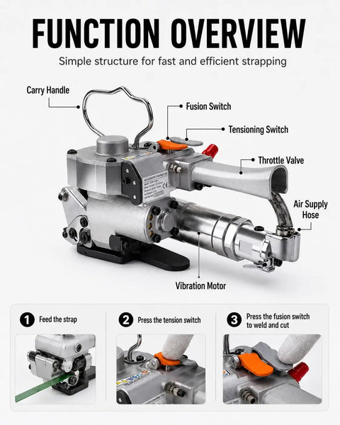 Heavy Duty Pneumatic Strapping Tool With 3500 N Auto Tension Friction Weld And Cut For 13mm To 19 Mm Pp Pet Plastic Bands. Overview with features labeled.