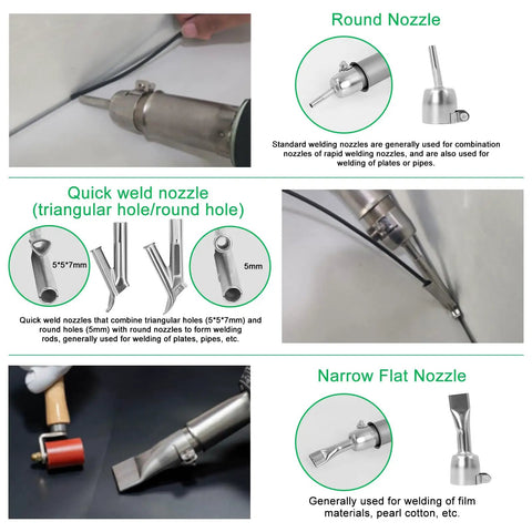 1600W Hot Air Plastic Welder Kit Pro Grade With Adjustable Temperature Control And Multiple Nozzles For PVC TPO Vinyl Repair shown with various nozzles.