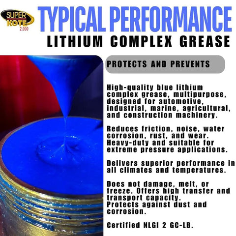 Heavy Duty Lithium Complex Grease NLGI 2 EP High Temp Multi Purpose Lubricant For Automotive Construction And Industrial Gear Wheel Bearings Axles Ball Joints Blue Formula Built To Last image showing blue grease in container with product features list