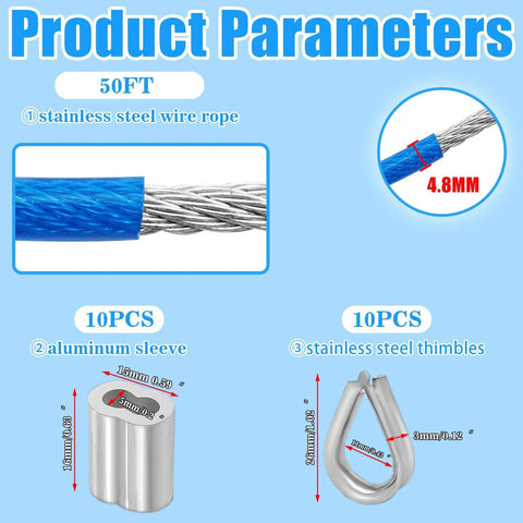Stainless Steel Wire Rope Cable For Outdoor String Lights 3/16 Inch Vinyl Coated Weatherproof With Galvanized Core And PVC Jacket 4.8mm