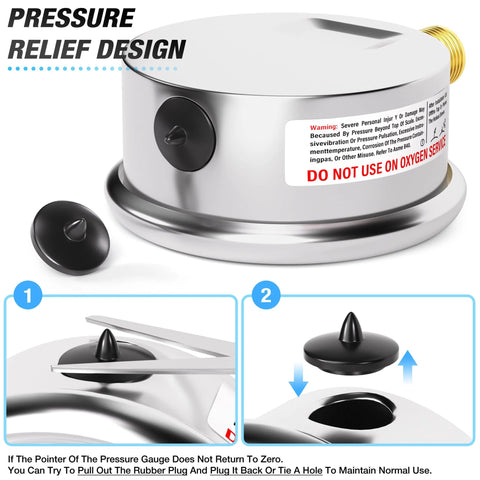 Stainless steel vacuum pressure gauge with 2.5-inch face, lower-mount, side port and warning label