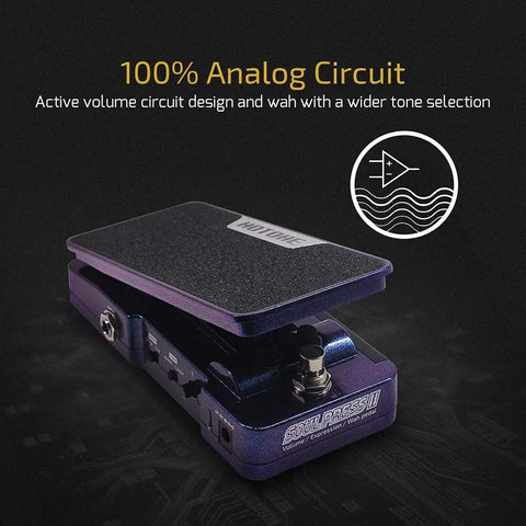 4 In 1 Guitar Effects Pedal With Active Wah, Expression, And Dual Volume Modes shown with non slip surface and analog circuit label