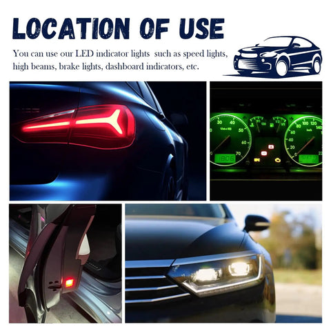 Images showing usage of Five Pack 6mm Car LED Indicator Lights 12V With 147mm Wire IP66 in various vehicle light settings.