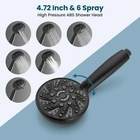 Rock Solid Matte Black Tub And Shower Faucet Set With Internal Valve Six Spray Handheld Head showing 4.72 inch high pressure ABS shower head with diverse spray options.