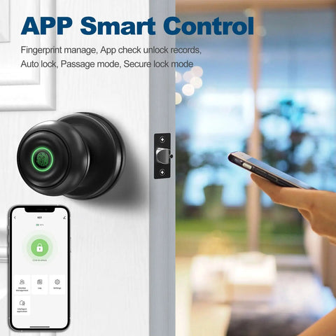 Keypad Door Knob Keyless Entry Lock For Home, Smart Door Lock With Backlit Keypad, Auto Lock, shown with smartphone app control