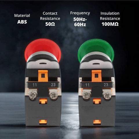 Emergency Push Button Switch With Green And Red Mushroom Head For Home And Industrial Equipment No NC 22mm Spring Return Pack Of 2 Safe E Stop Button For Machinery And Safety. Two ABS 22mm mushroom head switches, red and green, front view