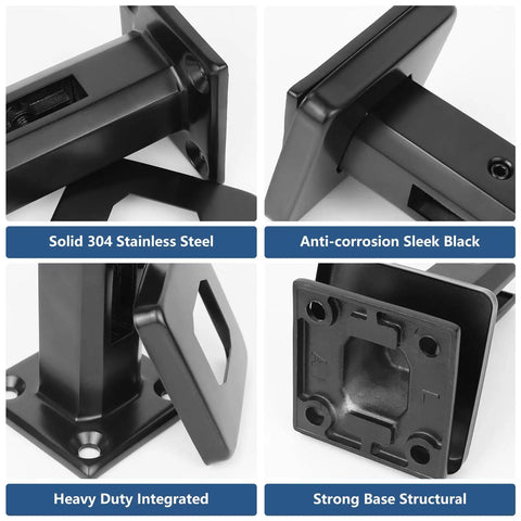 Close-up of 10 Pack Two Point One Pound T304 Stainless Steel Square Glass Railing Spigots showing black finish and solid base.