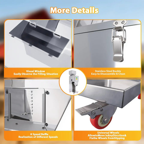 Top Shelf Automatic Powder And Particle Filling Machine With 77 Pound Hopper detailed features including visual window and stainless steel buckle.
