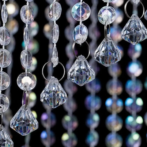Close-up of Faux Crystal Sparkling Iridescent Spiral Beaded Chandelier Ready to Hang for Wedding Centerpieces and Event Decor
