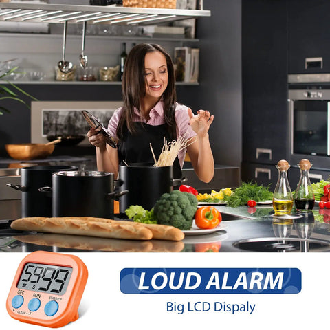 Woman cooking with Set Of 30 Multicolor Digital Kitchen Timers With Magnetic Mount Loud Alarm And Big Digits Countdown To 99 Minutes 59 Seconds Lit