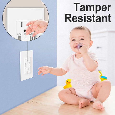 Child near dual USB wall outlet with 5.0A fast charging ports and tamper-resistant receptacles, featured in 10 pack product set.