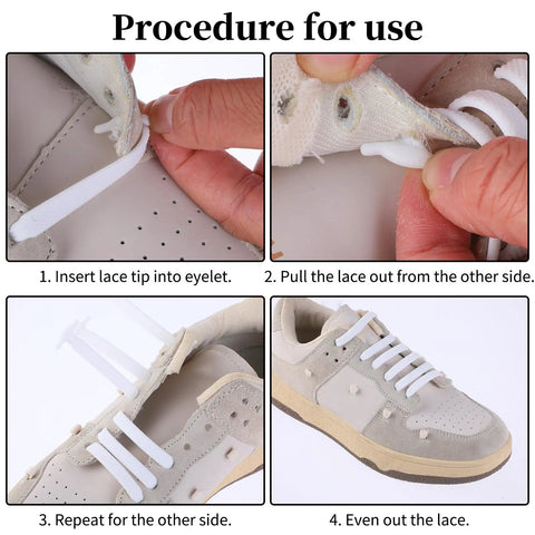 No Tie Silicone Elastic Shoelaces For Sneakers With Stretchy Locking Ends, Easy Slip In T Row Ends, Flat Lace Design That Stays Put, Ideal For Kids And Adults, One Size Fits All, White, 2 Pairs in shoe installation steps