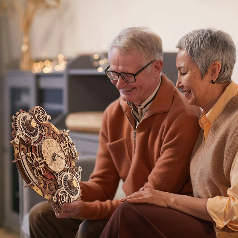 Couple admiring a Dope 3D Wooden Puzzle Clock Kit For Adults Hands On Zodiac Wall Clock Project Build Your Own Retro Steampunk Wood Model Kit With Quiet Movement And Date Dial.