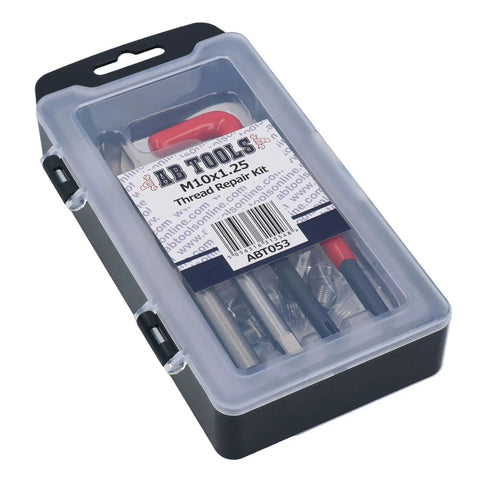 Get Your Threads Fixed Up Right With This M10 By 1.25mm Helicoil Thread Repair Kit in clear case, featuring tools for thread repair.