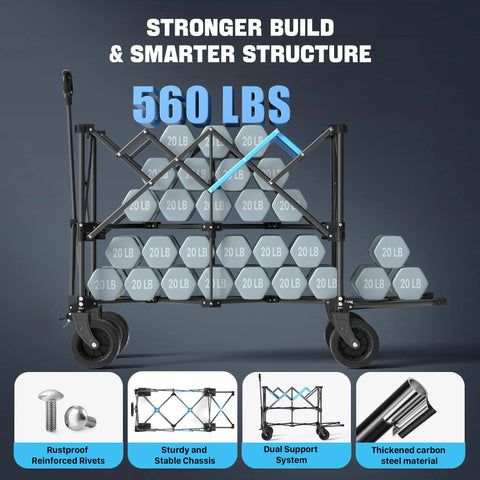 52 Inch Heavy Duty Double Decker Wagon With Brakes 560 Lbs Load All Terrain Big Wheels Collapsible Folding Wagon Cart