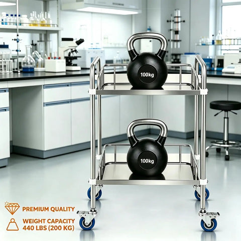 Stainless Steel Lab Rolling Cart Double Tier Mobile Utility Trolley With Smooth Swivel Wheels Crafted For Clinics Restaurants And Hospitals Hella Tough Real Deal with weights in a lab setting.