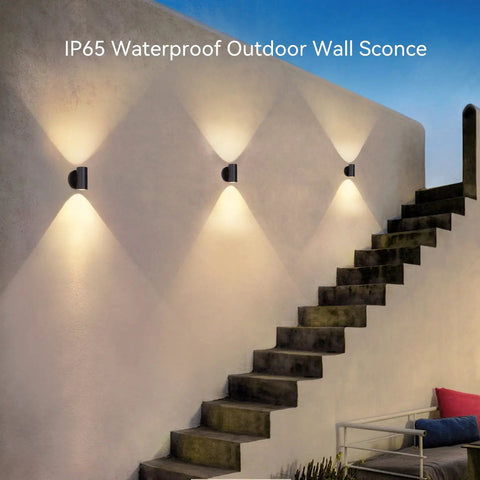 Outdoor Black Wall Sconce Light Up Down 7W LED Dimmable Exterior Wall Fixture IP65 Waterproof Aluminum Cylinder on staircase