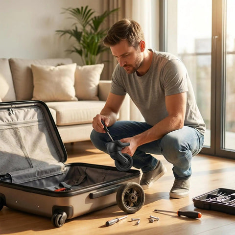 Man repairing suitcase with Heavy Duty Silent Replacement Wheels For Suitcase 360 Smooth Glide Spinner Kit.