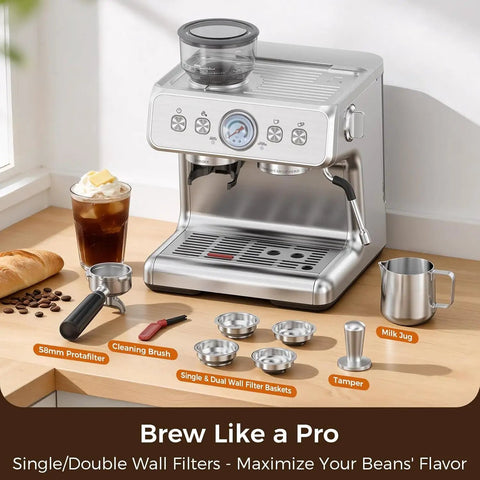 Kickin Up Bold Flavor With A Built In Grinder, 20 Bar Pressure Espresso Coffee Maker, 30 Precise Settings For Perfect Fresh Grounds on kitchen counter with accessories.