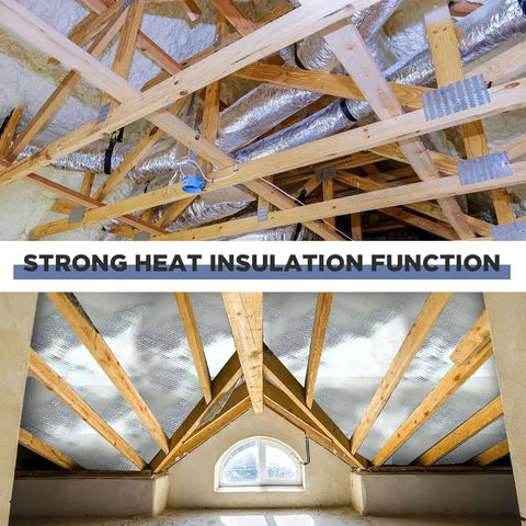 Heavy Duty Radiant Barrier Reflective Attic Insulation Roll White Silver Vapor Barrier Crawlspace Wrap Killer Heat Block Non Perforated Commercial Grade 4 X 1000 Feet installed in attic framing.