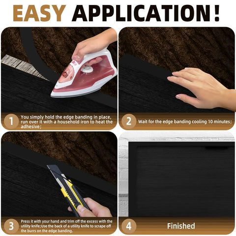 Instructions for applying Melamine Edge Banding Black One And A Half Inch By 250 Feet With Hot Melt Adhesive Pre Glued