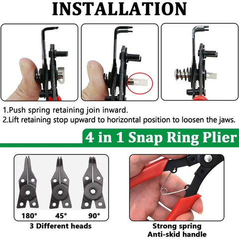 Installation guide for DIY Ready Snap Ring Kit For Every Job Includes 502 C Clips 300 E Clips 31 Sizes Alloy Steel Retaining Rings Plus 5 Pliers And 1 Tweezer For Auto Motorcycle And Home Repairs, featuring 4-in-1 plier.