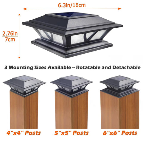 Solar Post Cap Lights For Outdoor Deck And Fence, Two Modes Warm White And Cool White, Bright LED Caps, Black Finish, 3 sizes shown.