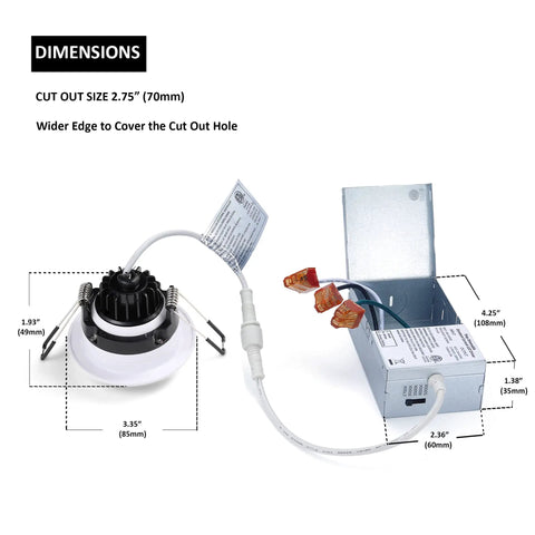 Dimensions of Canless Recessed Gimbal Downlight 3 Inch Eyeball Spotlight With 5 CCTs and junction box, showing cut out size.