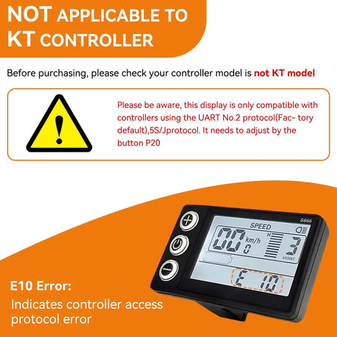 Warning sign and S866 LCD display with compatibility notice and UART protocol error for control panels.