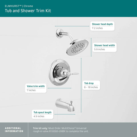 Elmhurst Shower Trim Kit With Tub Spout Chrome Finish Upgrade For Tub And Shower, Single Setting Shower Head With Full Body Spray