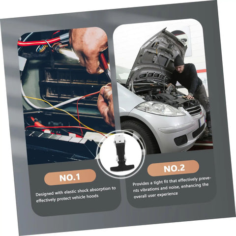 Mechanic uses versatile flexible rubber hood latch T handle hasp for vehicle hoods engine covers and cargo boxes, reducing noise.