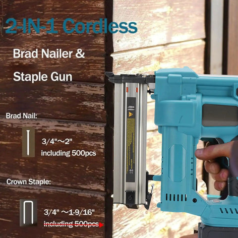 Real Deal Cordless Brad Nailer With High Capacity Lithium Ion Battery For No Hassle Woodworking Builds And Heavy Duty DIY Home Fixes That Flies True On Every Single Shift close up showing brad nailer and staple gun capability.