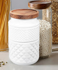 Top Shelf Durable 1800Ml Glass Storage Jars With Hella Tight Airtight Wooden Lids Vintage White Matte Tea Canisters And Coffee Bean Holders For Crisp Snacks And Kitchen Setup Vibes in textured design with wooden lid.