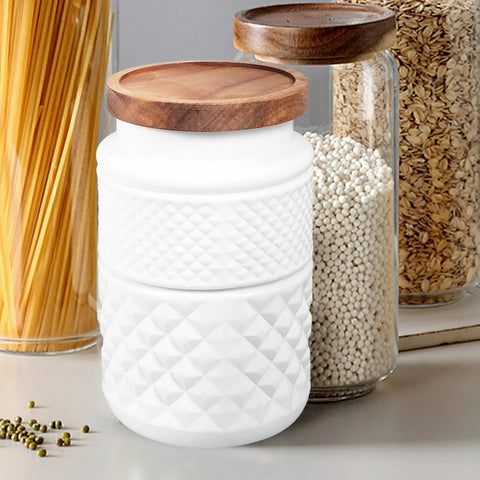 Top Shelf Durable 1800Ml Glass Storage Jars With Hella Tight Airtight Wooden Lids Vintage White Matte Tea Canisters And Coffee Bean Holders For Crisp Snacks And Kitchen Setup Vibes in textured design with wooden lid.