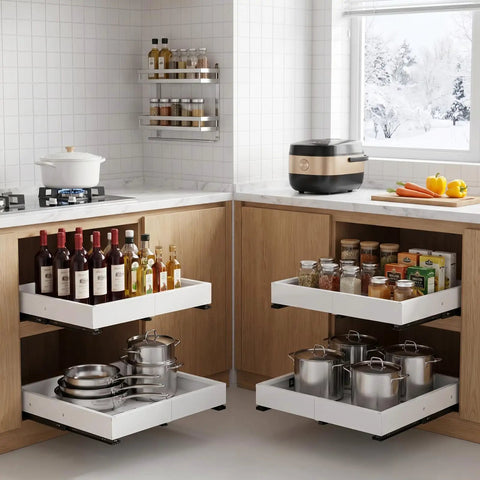 Two Pack Slide Out Cabinet Organizers With Adjustable Width And Depth For Kitchen Storage Smooth Glide Heavy Duty Drawer Pulls Zero Drama in a modern kitchen.