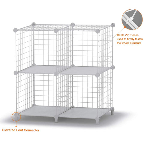 Premium Wire Cube Storage Organizer for home and garage, four cube shelving unit with cable zip ties and elevated foot connector.