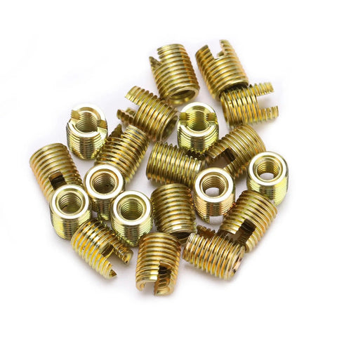 20 Pcs Self Tapping Thread Inserts Made With Tough Carbon Steel And Yellow Zinc Plating For Screw Repair Jobs In Cars Electronics Or Furniture With Vibration Proof Hold That Keeps Things Tight Down No Slipping - Close-up view of zinc-plated thread inserts.