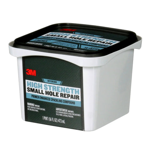 Container of High Strength Spackling Compound 16 Oz For Quick Nail Hole Repairs, Primer Enhanced, black lid, product label visible
